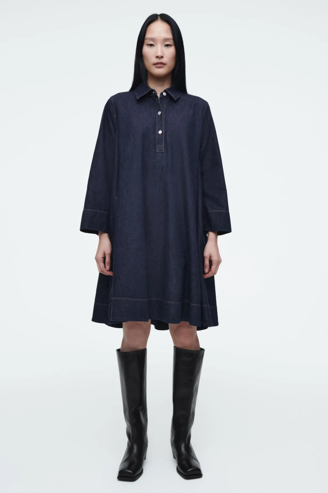 COS A-LINE DENIM MINI SHIRT DRESS DARK BLUE New