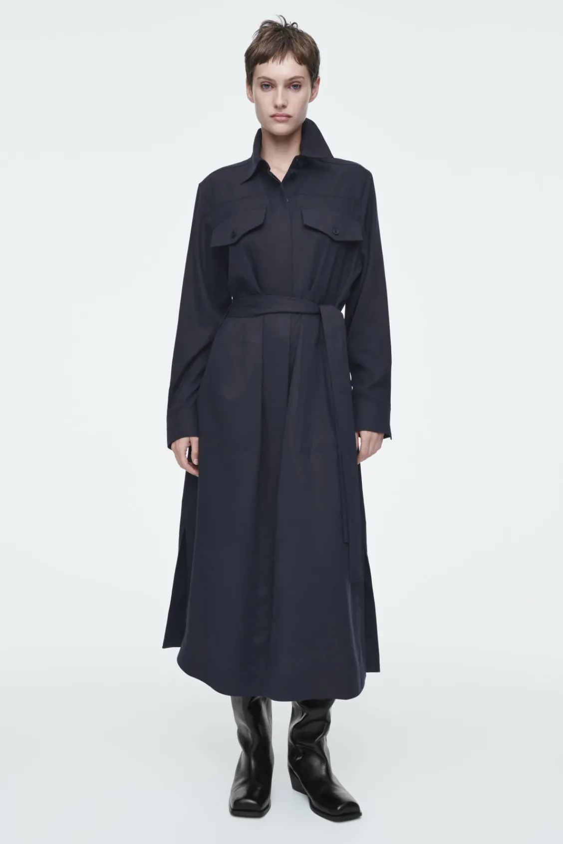 COS BELTED MIDI SHIRT DRESS NAVY Cheap