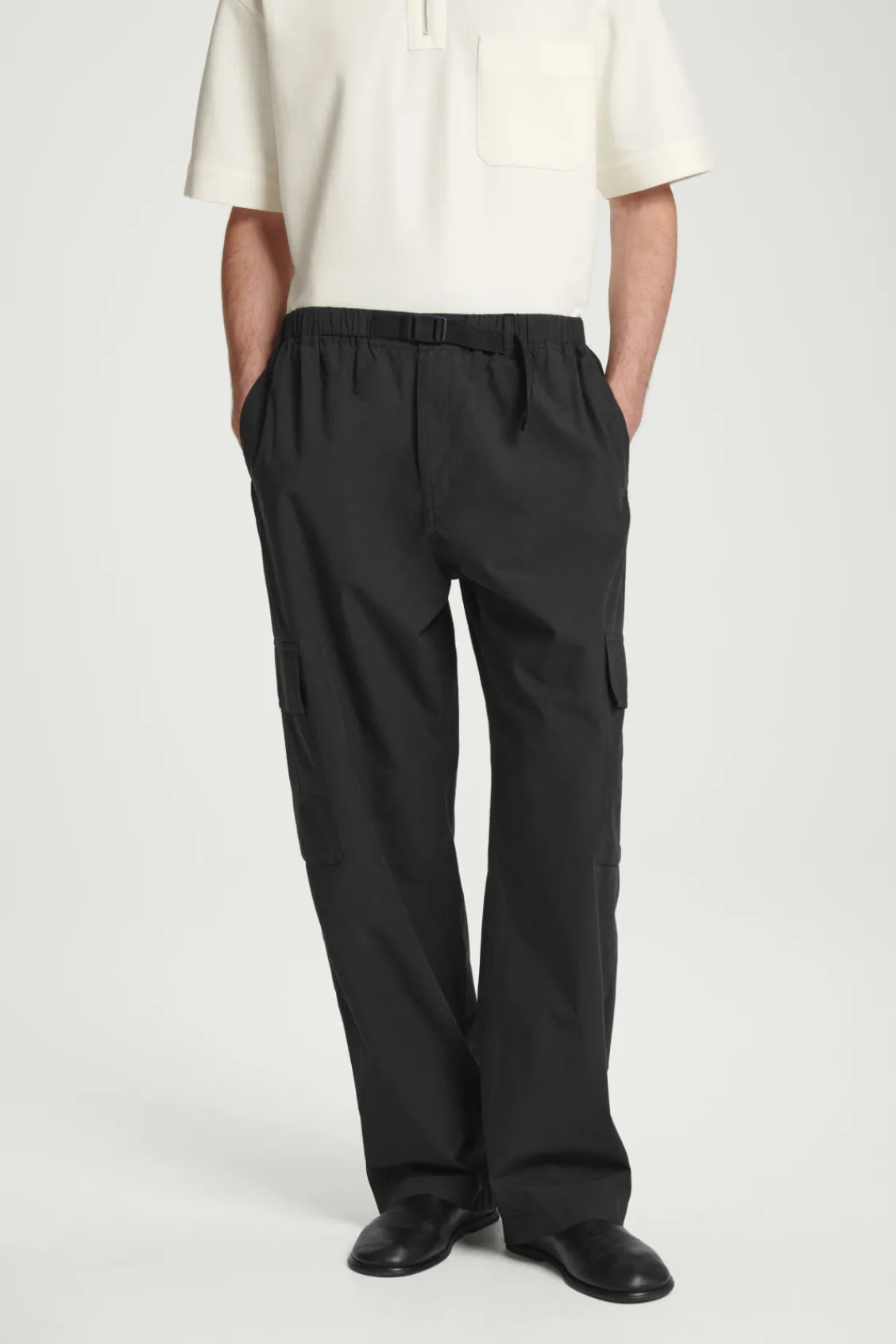 COS BELTED TECHNICAL COTTON CARGO PANTS BLACK Cheap