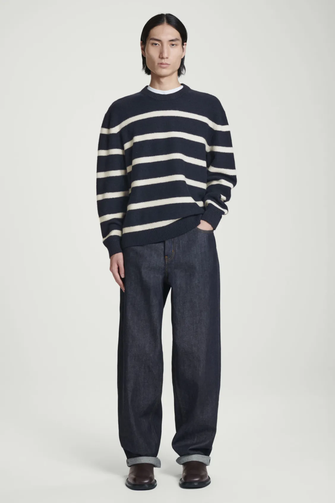 COS BOILED-WOOL CREW-NECK SWEATER NAVY / STRIPED Fashion