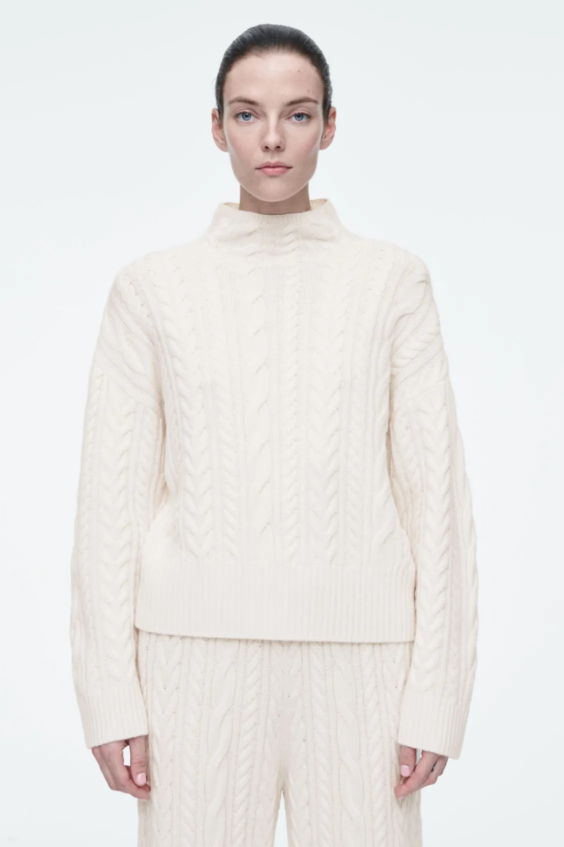 COS CABLE-KNIT WOOL FUNNEL-NECK SWEATER IVORY Clearance