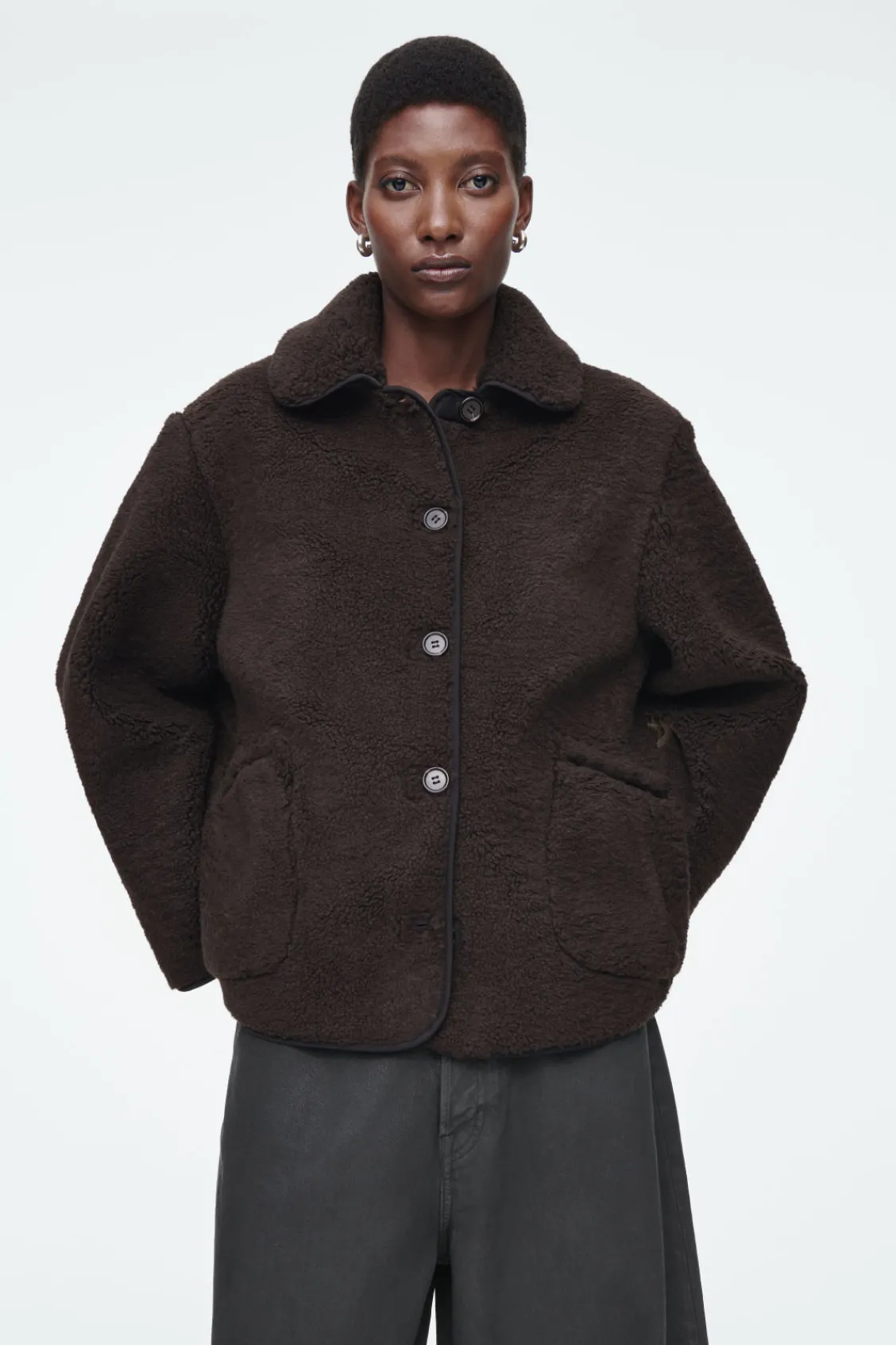 COS COLLARED FAUX SHEARLING JACKET DARK BROWN Hot