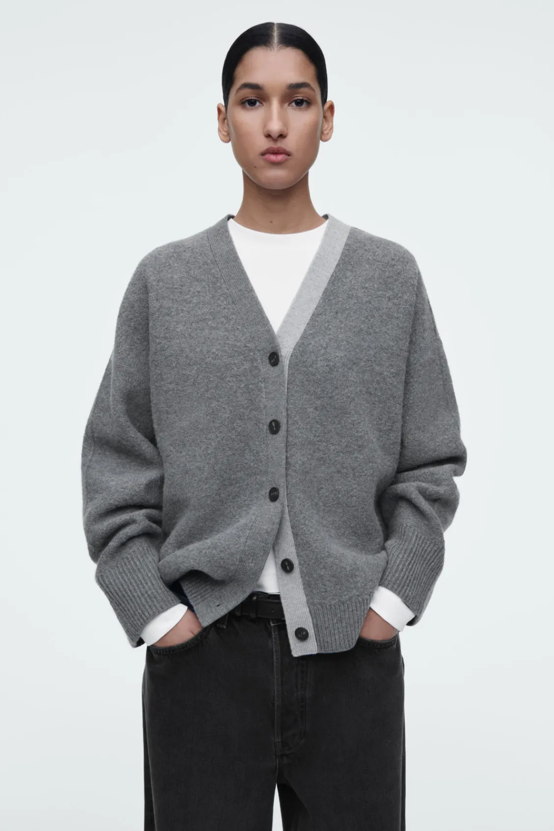 COS COLOUR-BLOCK WOOL V-NECK CARDIGAN GRAY Best Sale