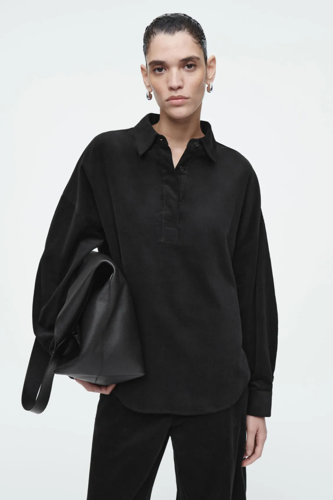 COS CORDUROY HALF-PLACKET SHIRT BLACK Discount