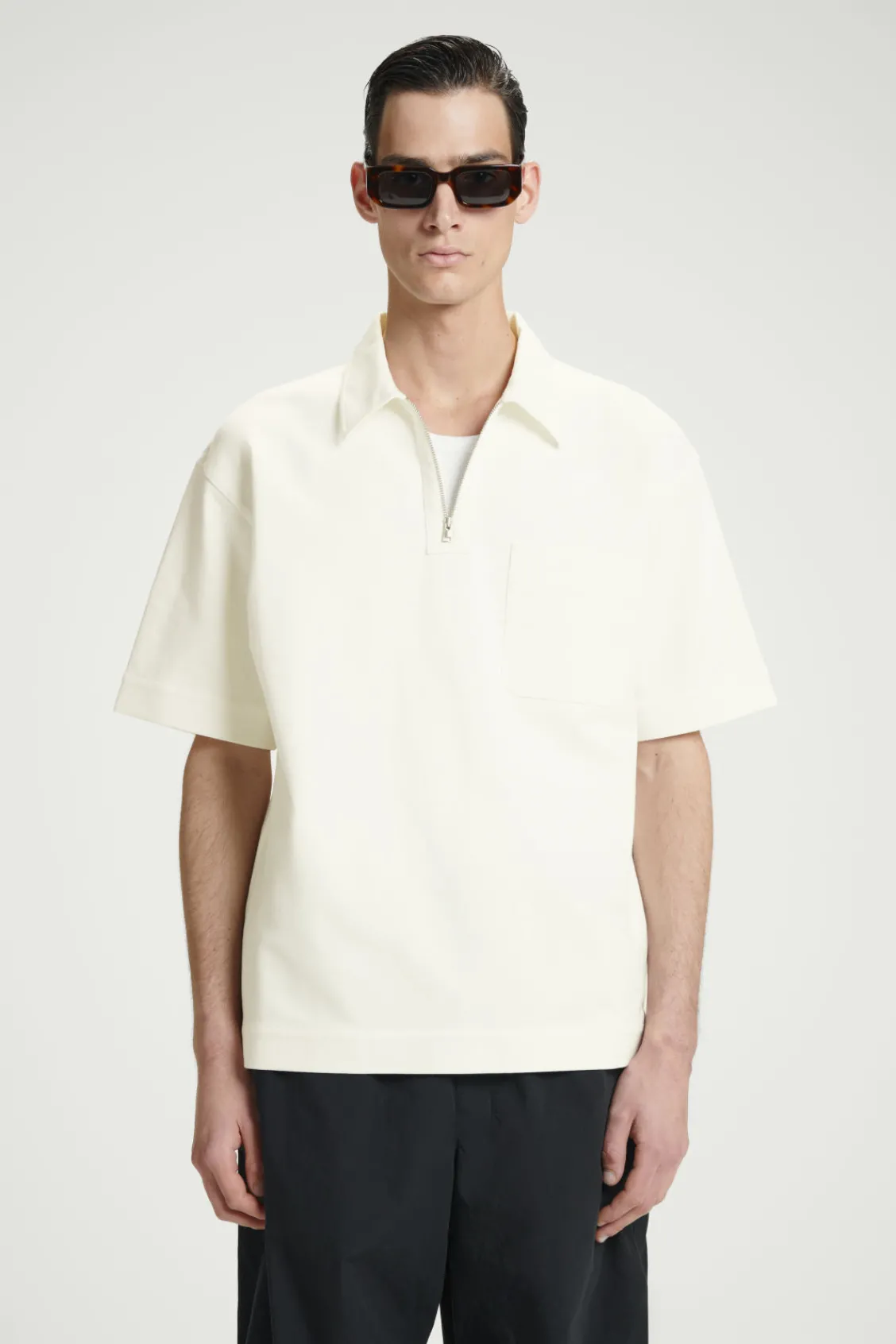 COS COTTON-TWILL HALF-ZIP POLO SHIRT OFF-WHITE Cheap