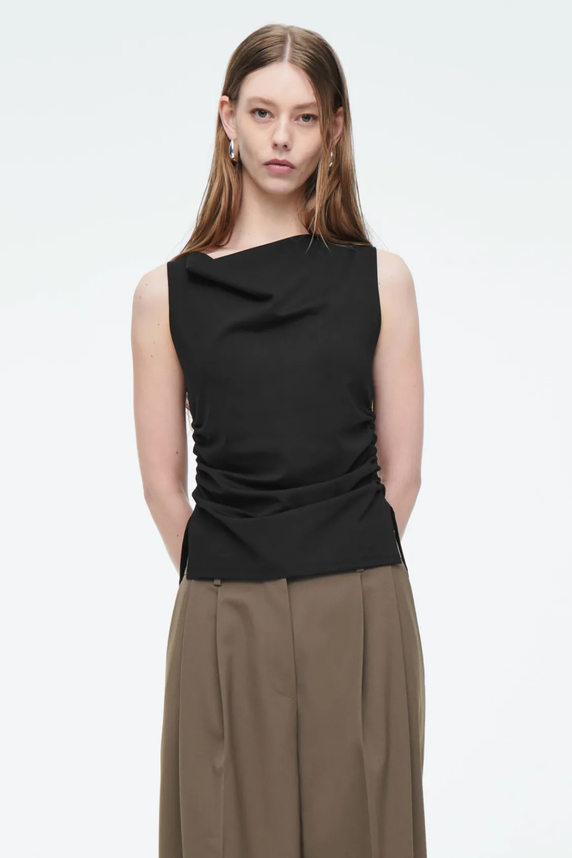 COS COWL-NECK GATHERED SLEEVELESS TOP BLACK Discount