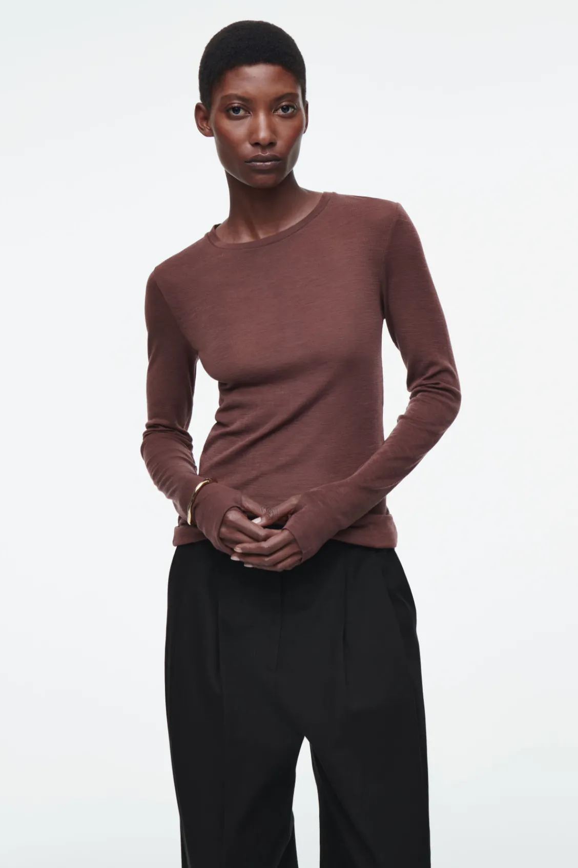 COS CREW-NECK MERINO WOOL TOP BROWN Hot