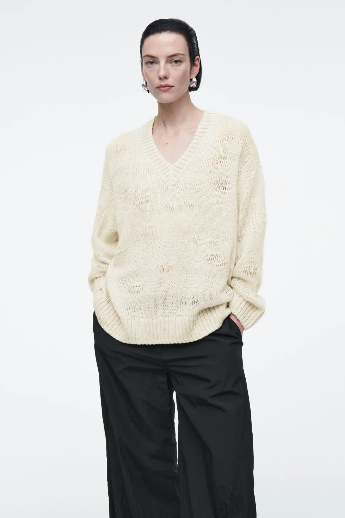 COS DISTRESSED STRIPED KNITTED LINEN-BLEND SWEATER LIGHT BEIGE Clearance