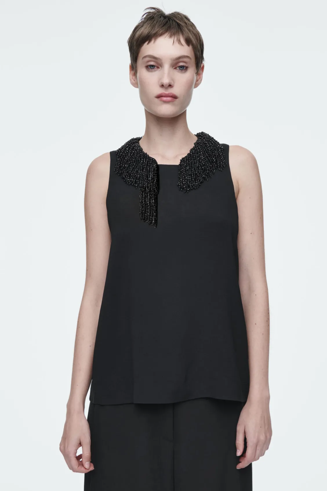 COS EMBELLISHED RACER-NECK TOP BLACK Cheap