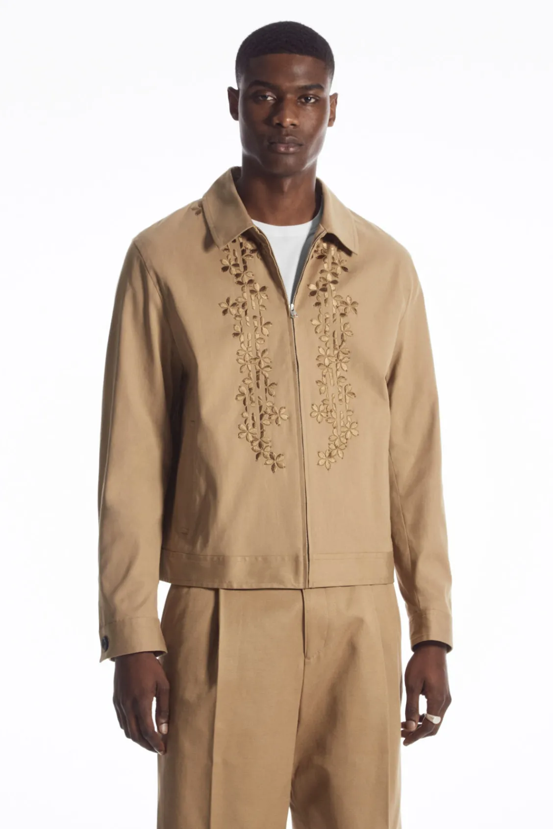 COS EMBROIDERED FLORAL ZIP-UP OVERSHIRT TAN BEIGE Best