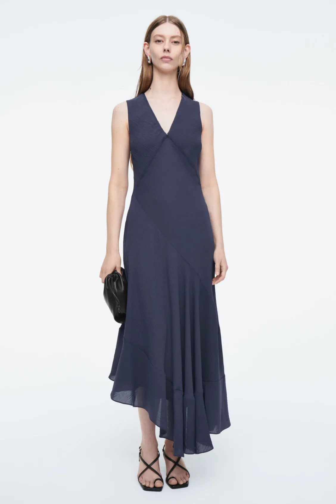 COS FLOATY ASYMMETRIC MIDI DRESS NAVY New