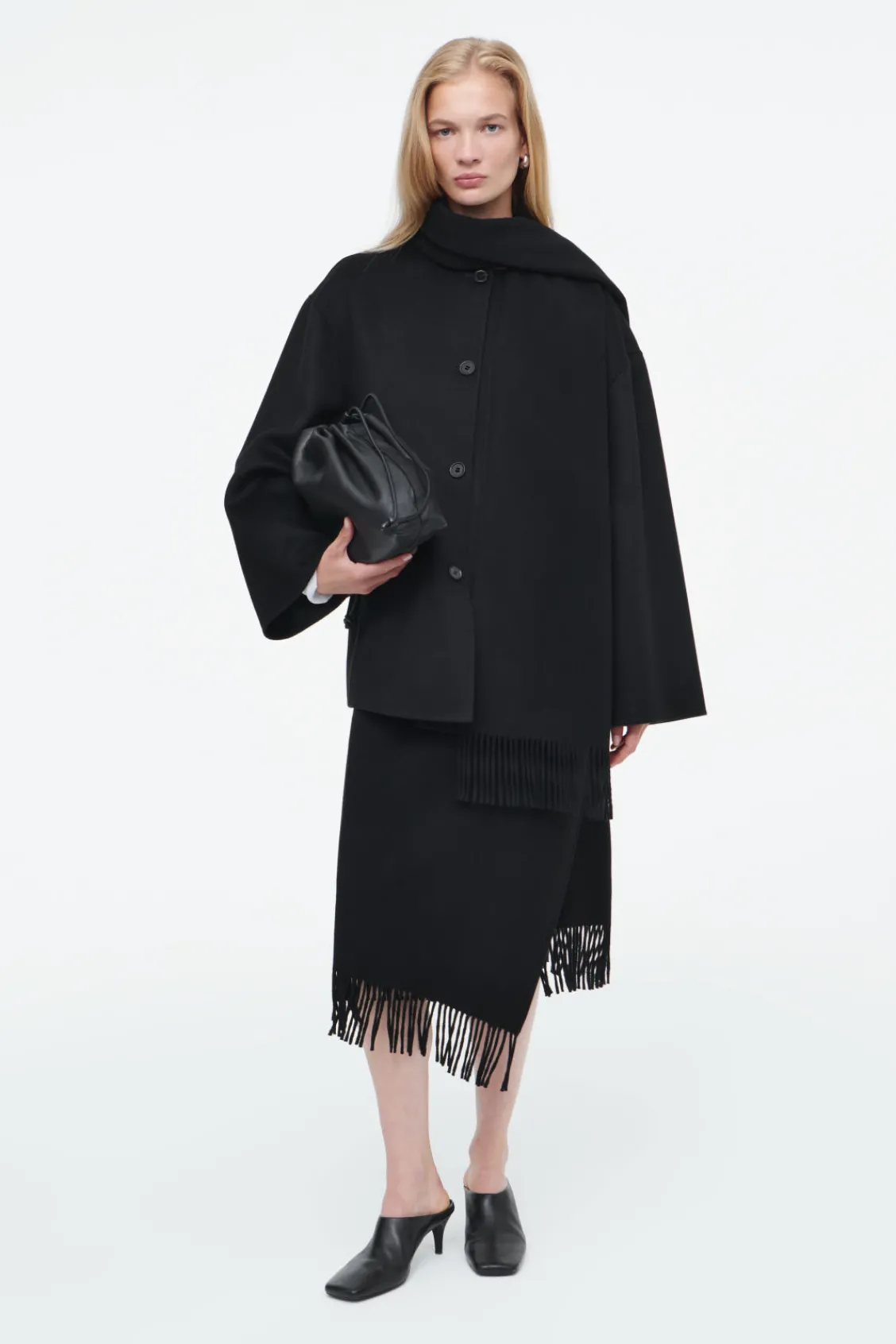 COS FRINGED WOOL MIDI WRAP SKIRT BLACK Hot