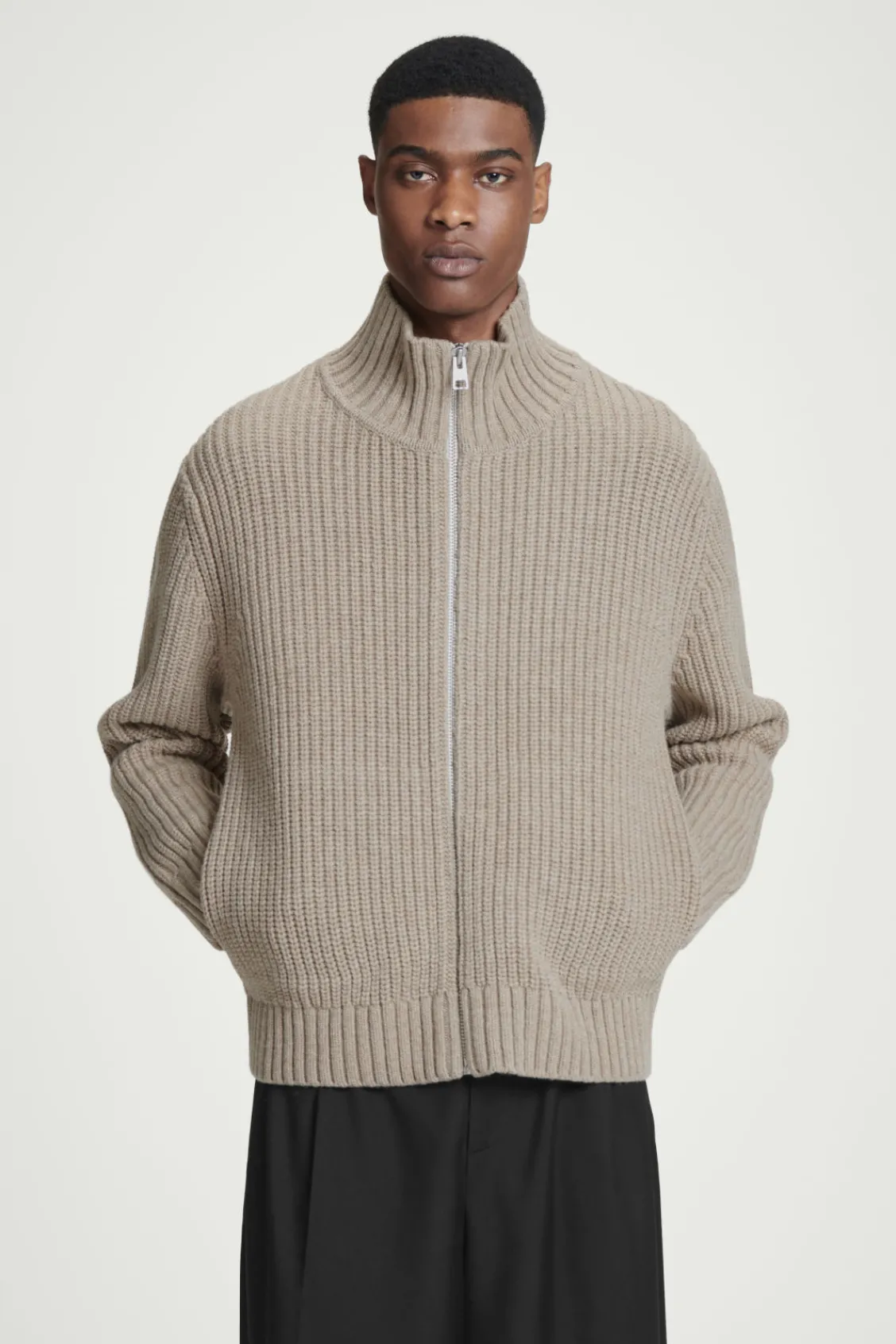 COS FUNNEL-NECK KNITTED WOOL JACKET BEIGE Flash Sale