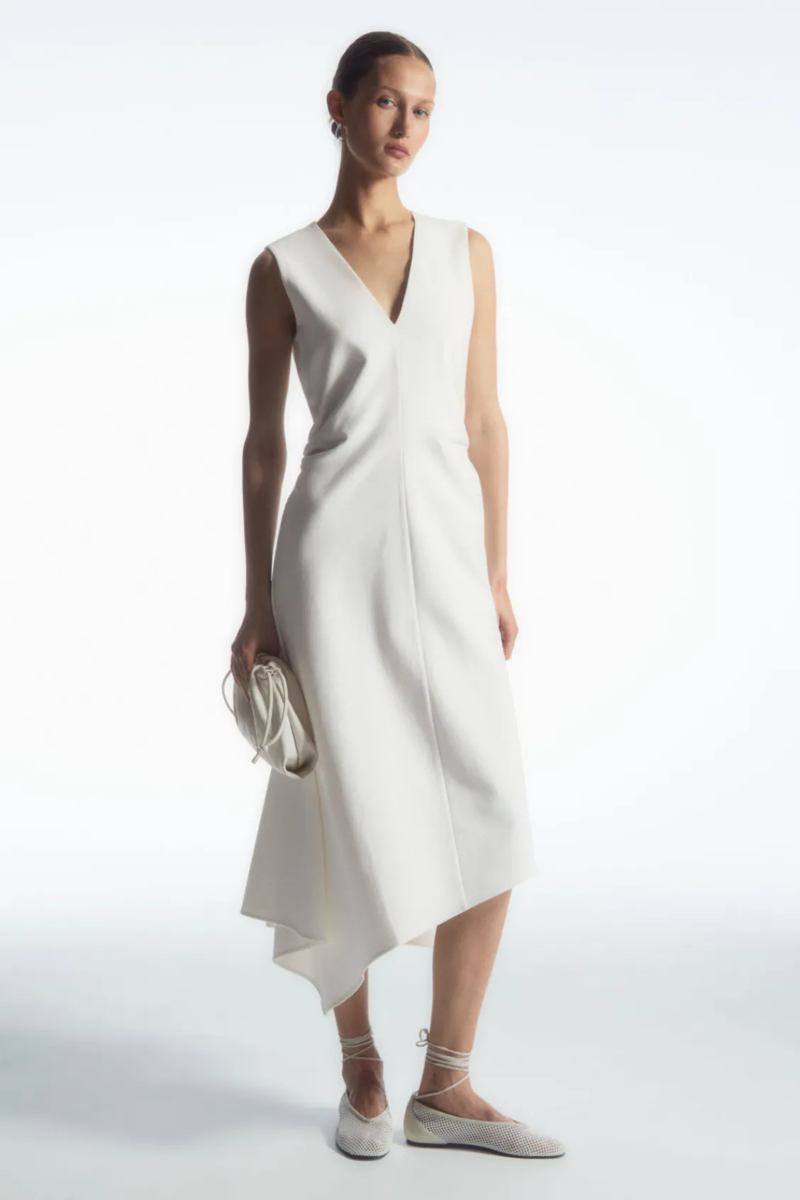 COS GATHERED ASYMMETRIC MIDI DRESS WHITE New