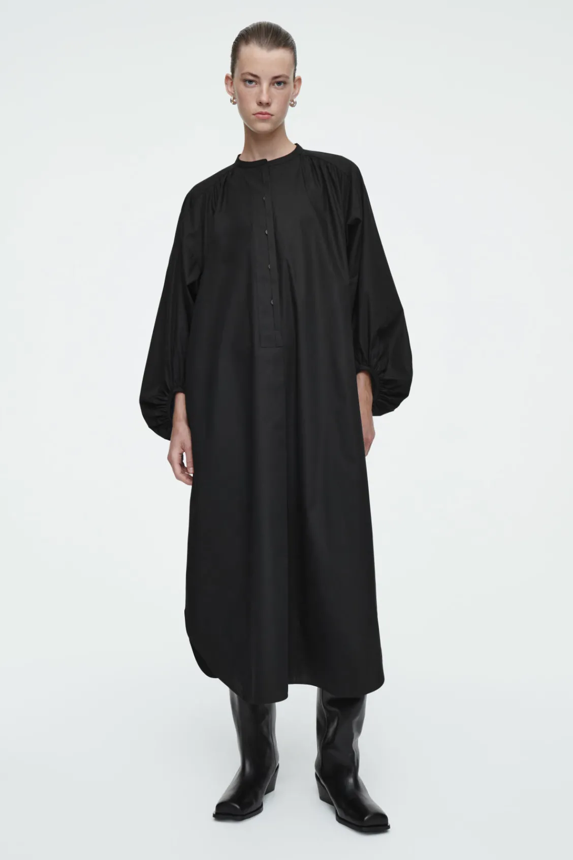 COS GATHERED BALLOON-SLEEVE MIDI DRESS BLACK Outlet