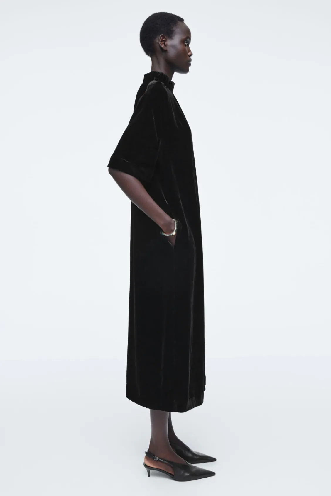 COS GATHERED SILK-BLEND VELVET MIDI DRESS BLACK Sale