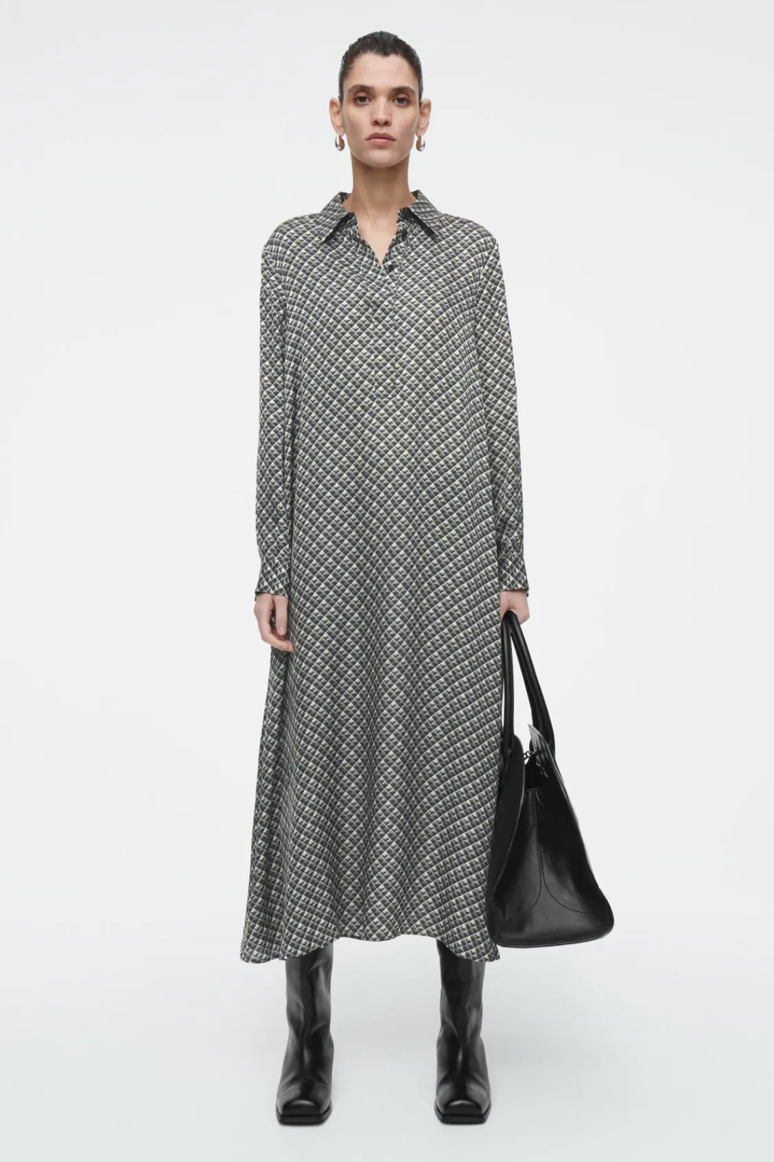 COS GEOMETRIC-PRINT MAXI SHIRT DRESS DARK GREEN / PRINTED Hot