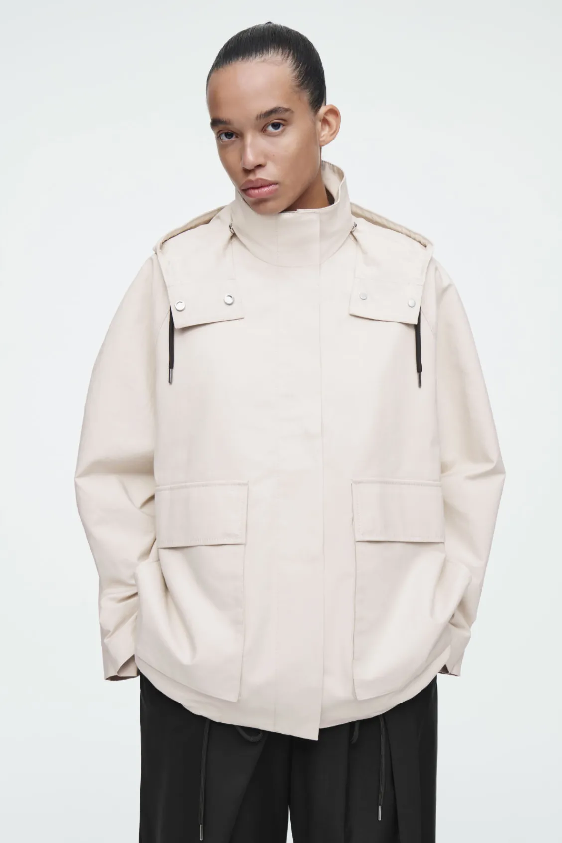 COS HOODED COTTON UTILITY JACKET LIGHT BEIGE New