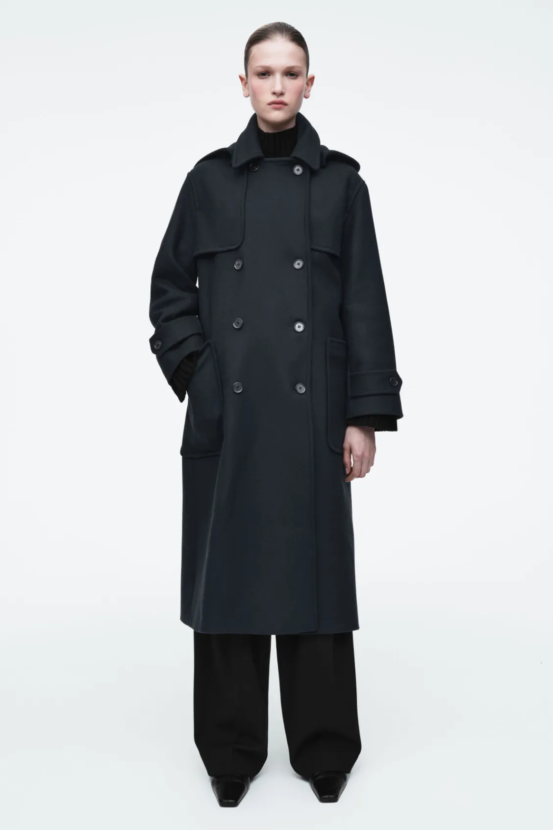 COS HOODED WOOL DUFFLE COAT NAVY Hot