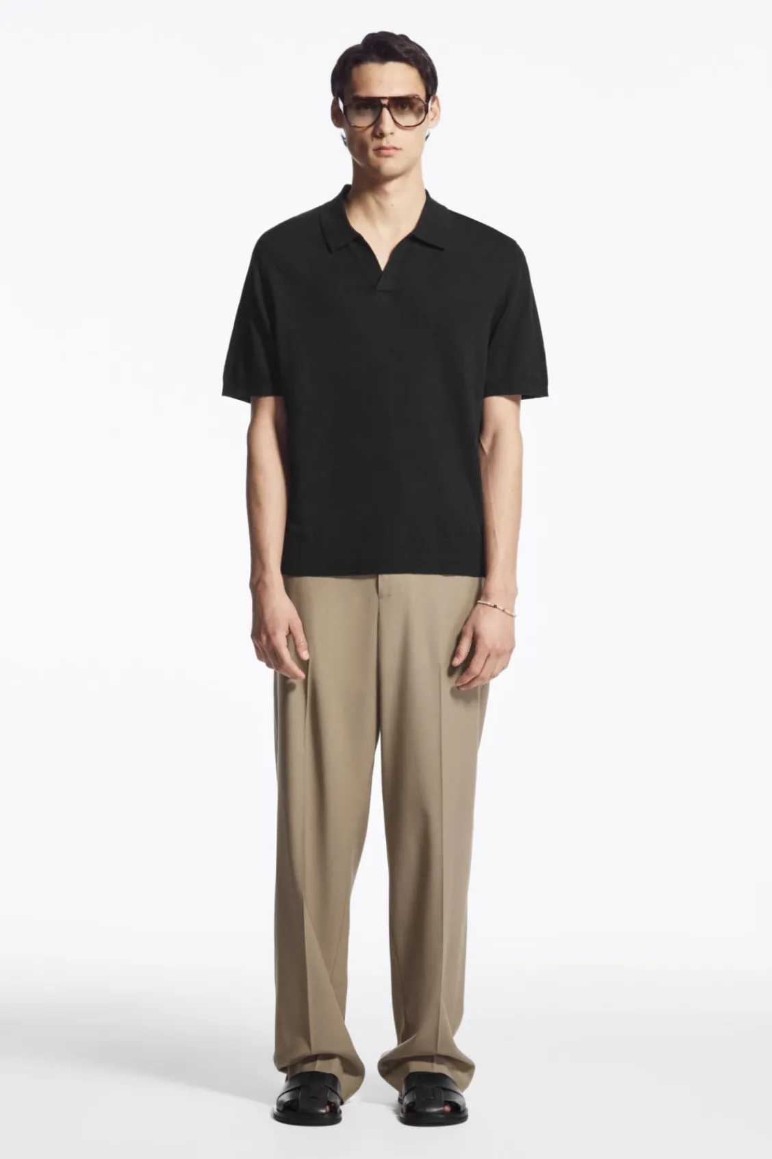 COS KNITTED LINEN POLO SHIRT BLACK Best Sale