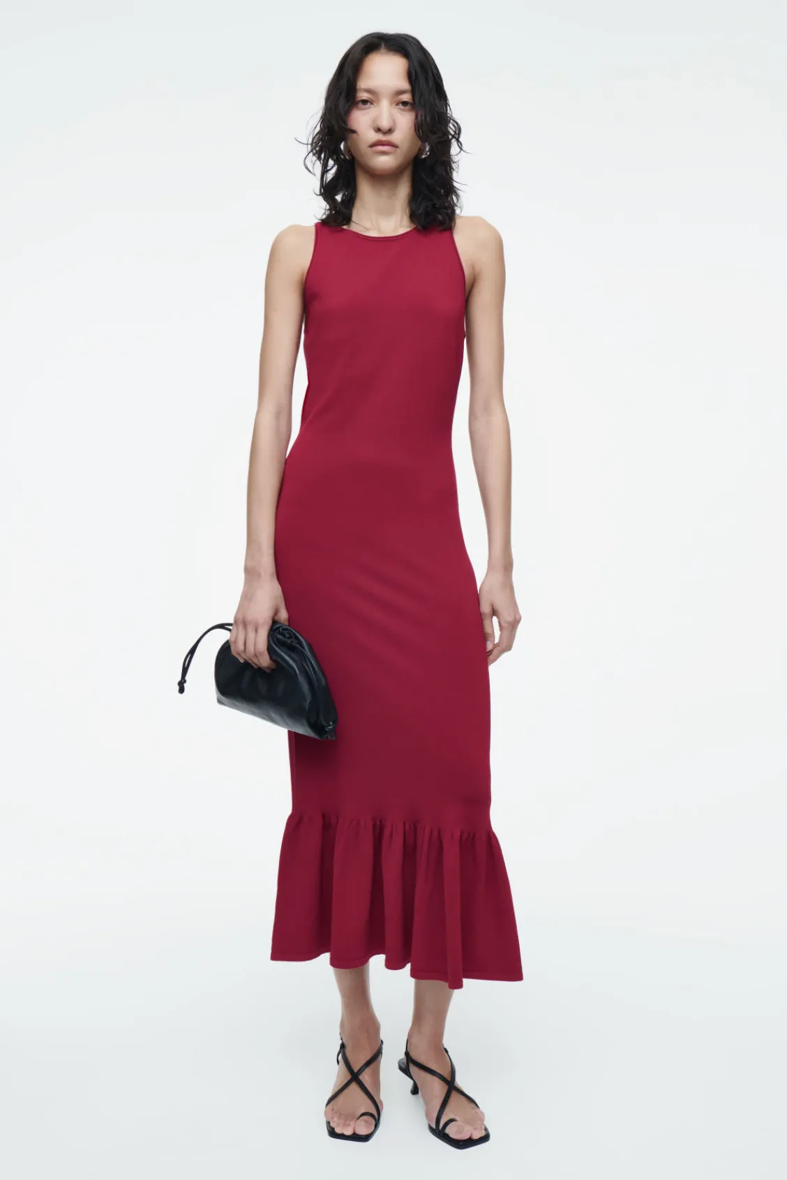 COS KNITTED RUFFLED-HEM MIDI DRESS DARK RED Store