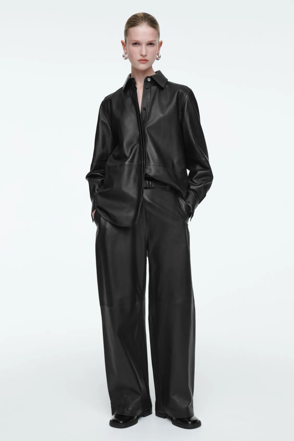 COS LEATHER BARREL-LEG UTILITY PANTS BLACK Best