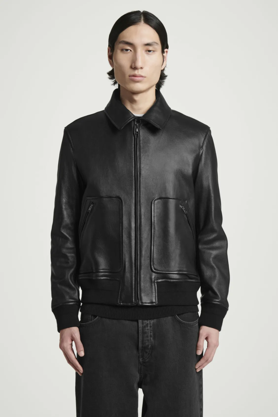 COS LEATHER BOMBER JACKET BLACK Discount