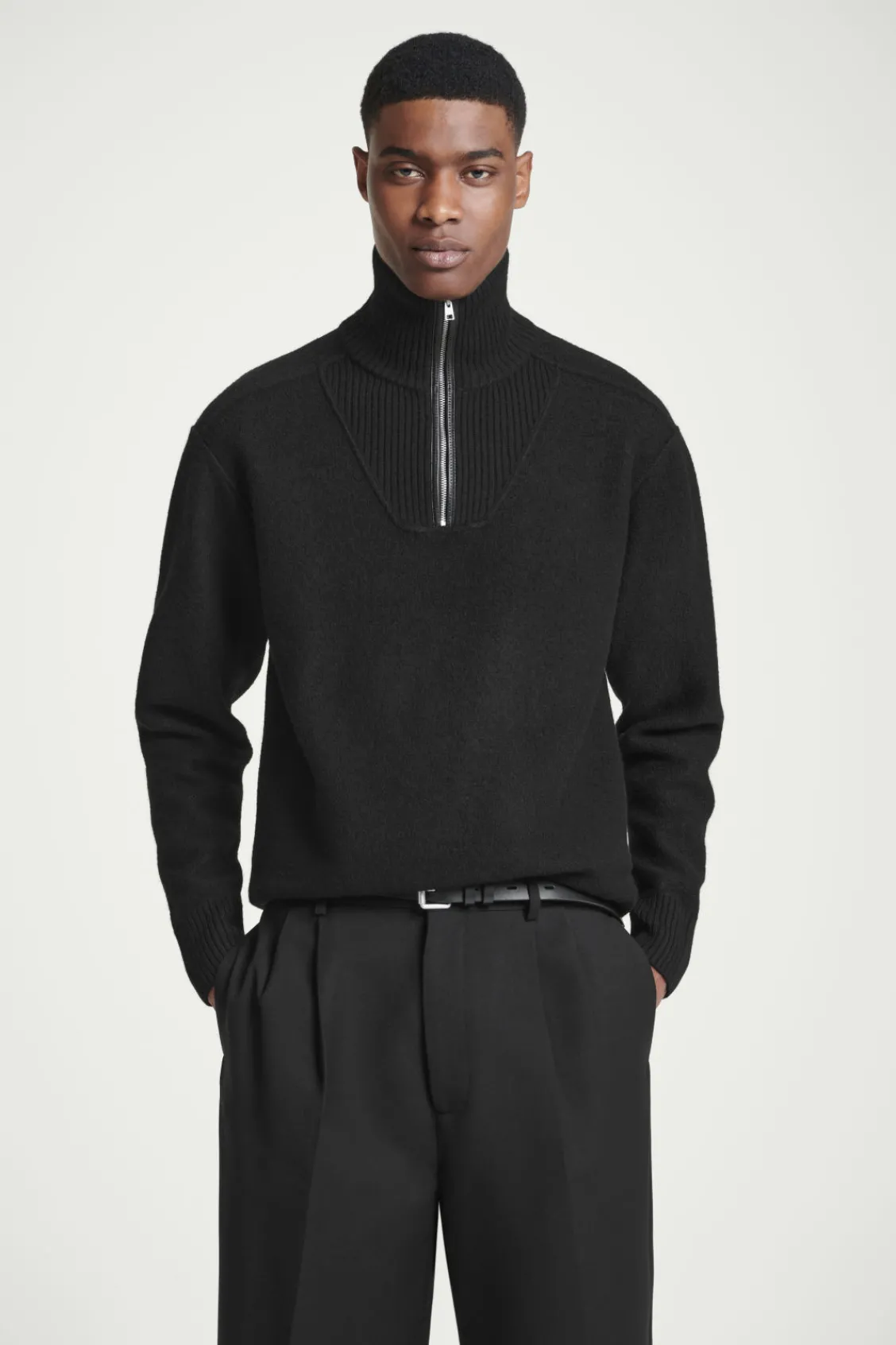 COS LEATHER-DETAIL MERINO WOOL HALF-ZIP SWEATER BLACK Sale