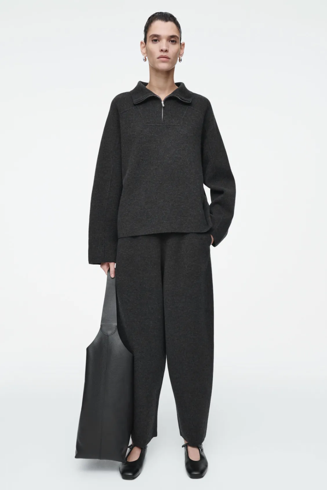 COS MERINO WOOL BARREL-LEG TROUSERS CHARCOAL MÉLANGE Online