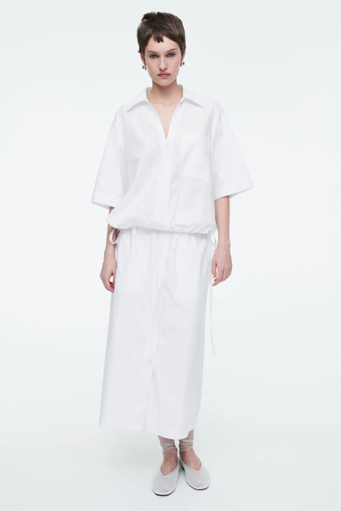 COS OPEN-COLLAR DRAWSTRING BLOUSE WHITE Shop