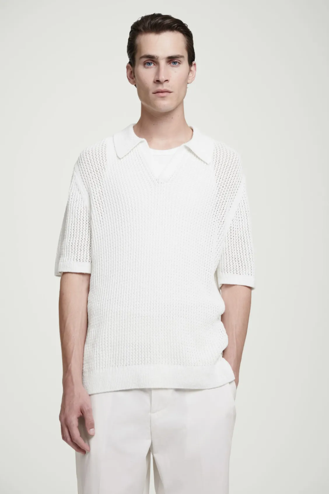 COS OPEN-KNIT POLO SHIRT OFF-WHITE Fashion