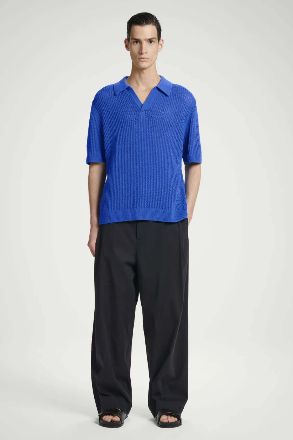 COS OPEN-KNIT POLO SHIRT BRIGHT BLUE Discount