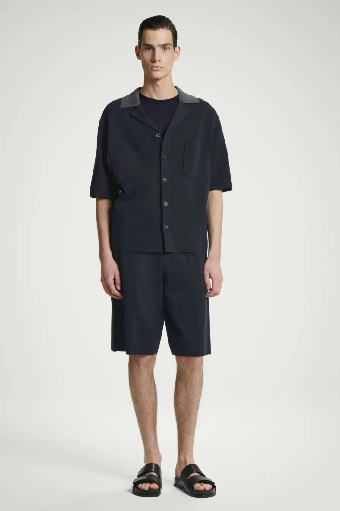 COS OVERSIZED DOUBLE-FACED KNITTED SHIRT NAVY / GRAY Hot