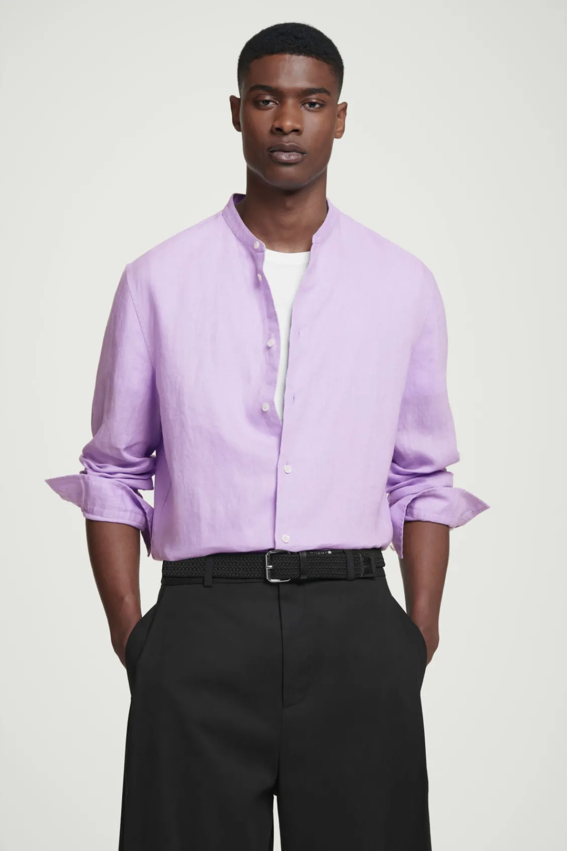 COS OVERSIZED GRANDAD-COLLAR LINEN SHIRT LILAC Flash Sale