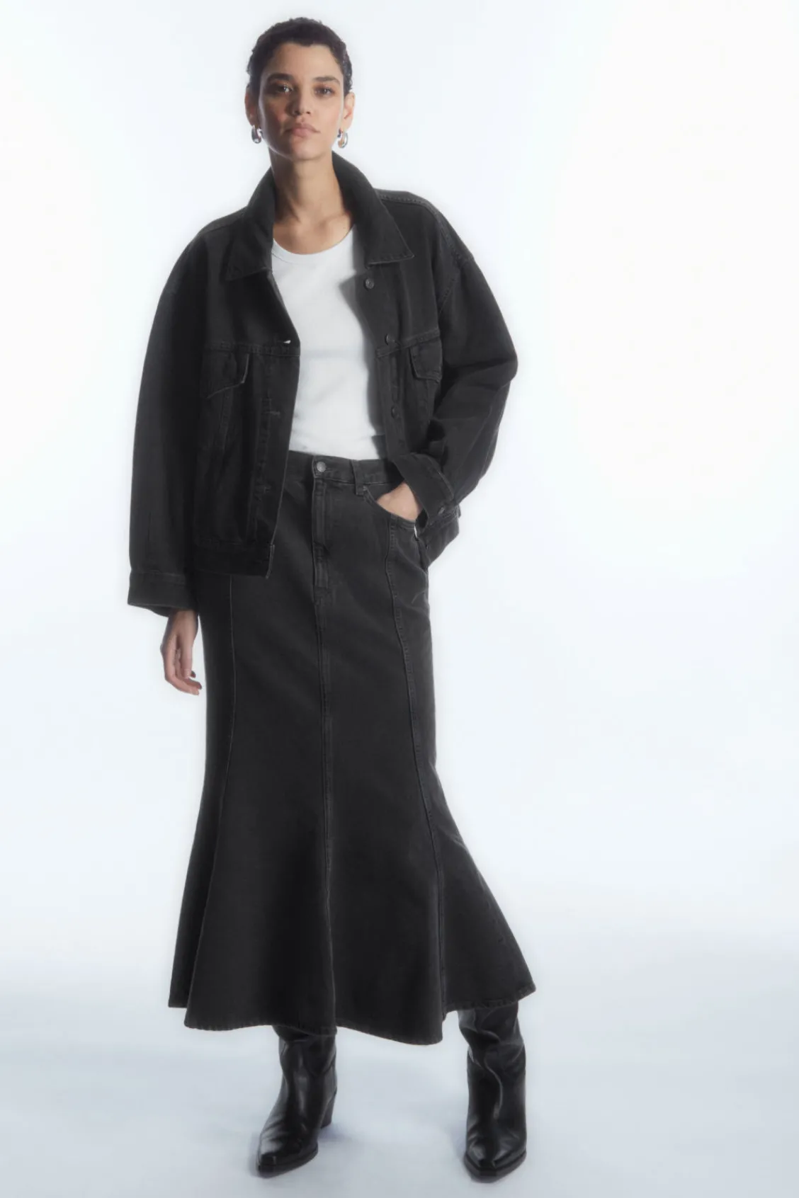 COS PANELED FLARED DENIM SKIRT BLACK Shop