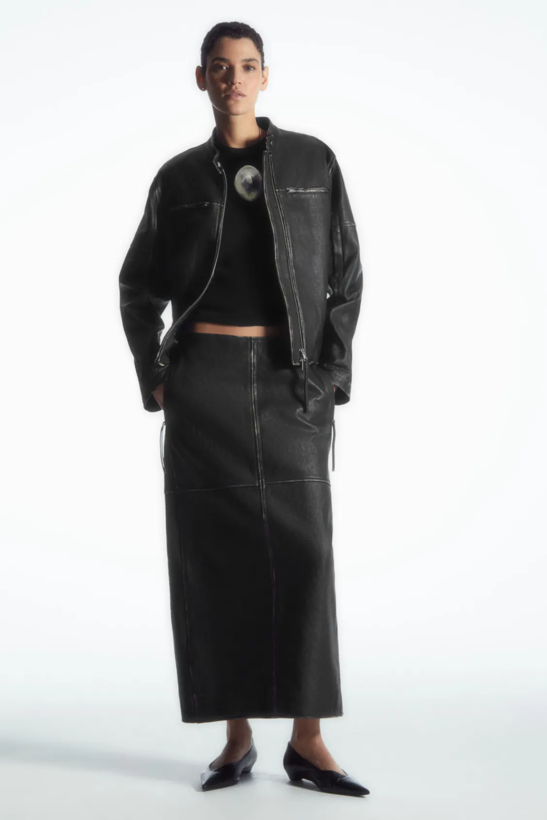 COS PANELED LEATHER RACER MIDI SKIRT BLACK Best Sale