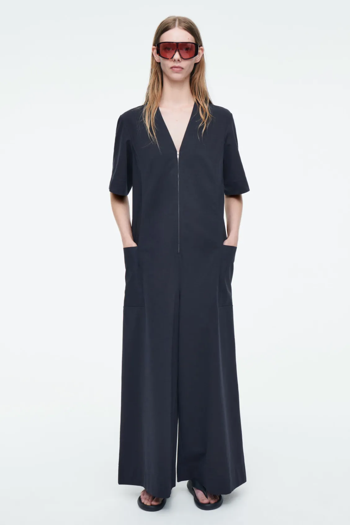 COS PANELED V-NECK JUMPSUIT NAVY Sale