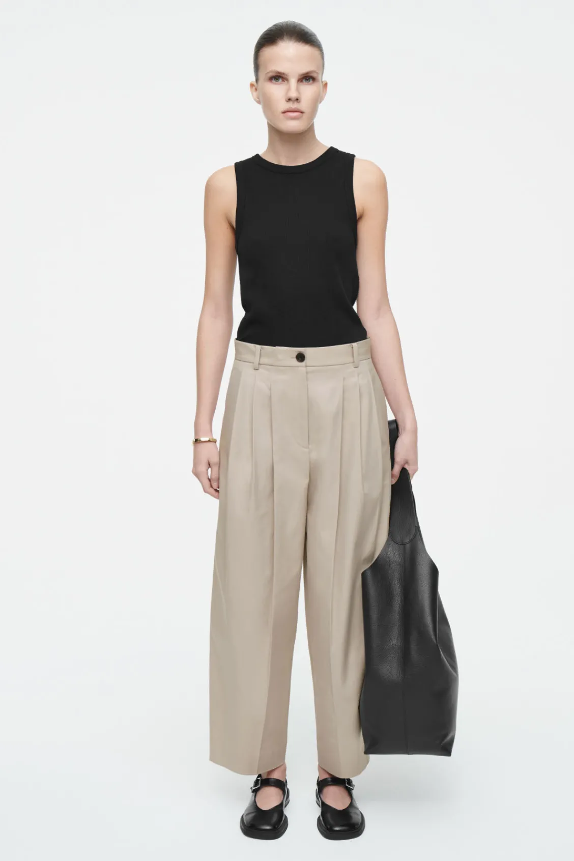 COS PLEATED BARREL-LEG COTTON PANTS BEIGE Outlet