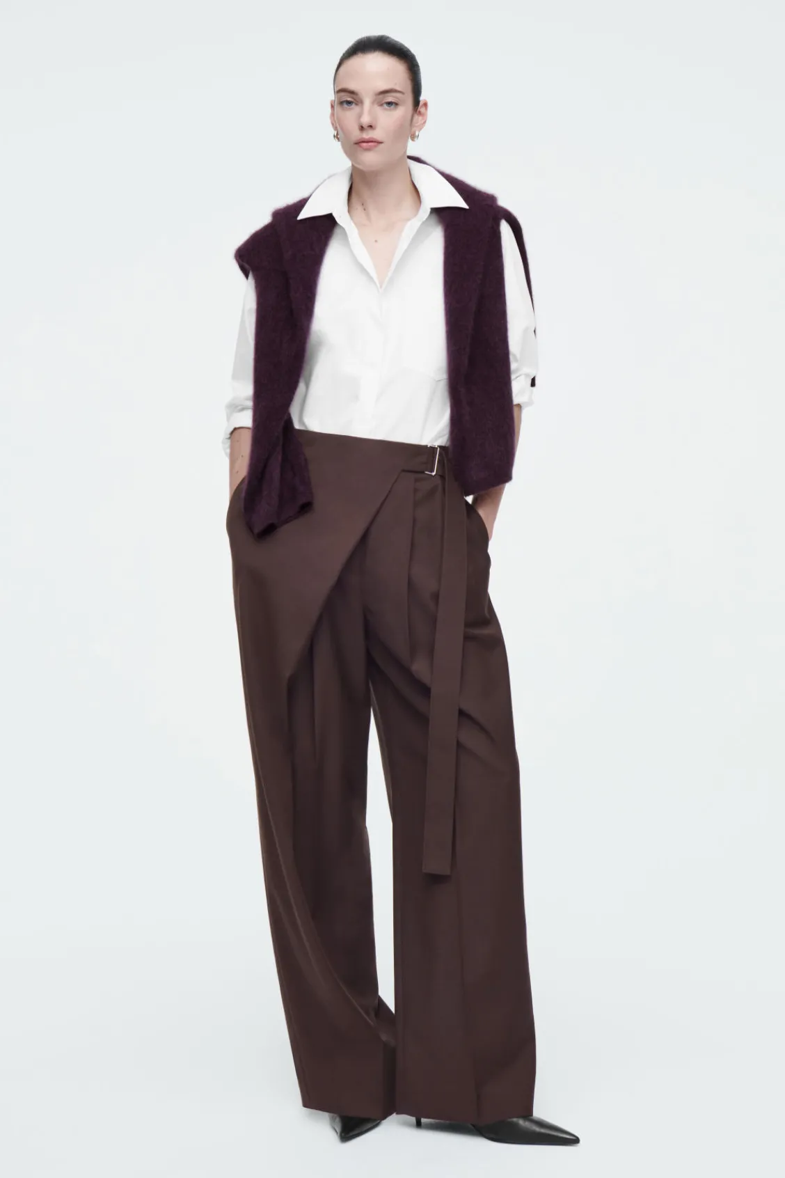 COS RELAXED BELTED WRAP-FRONT WOOL PANTS DARK RED Best