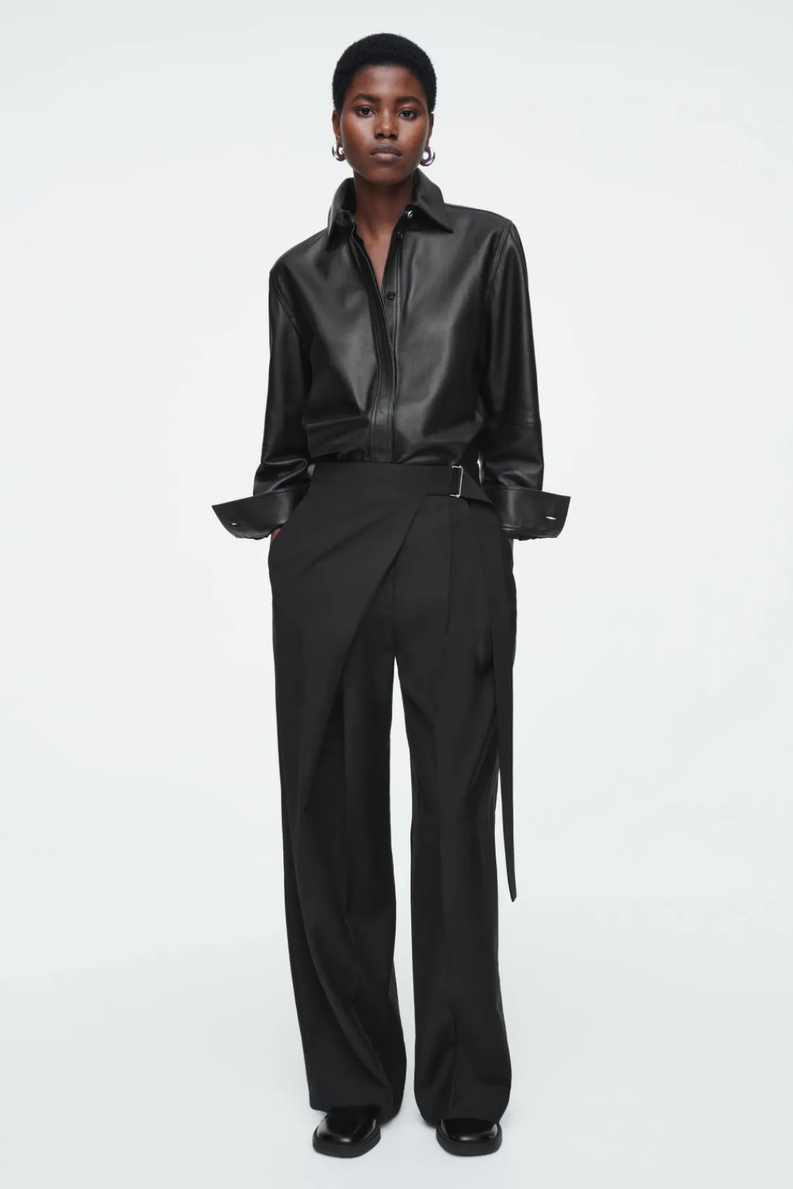 COS RELAXED BELTED WRAP-FRONT WOOL PANTS BLACK Flash Sale