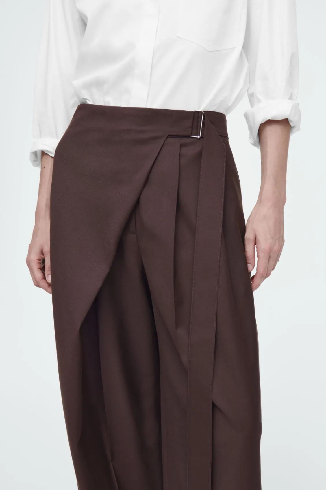 COS RELAXED BELTED WRAP-FRONT WOOL PANTS DARK RED Best