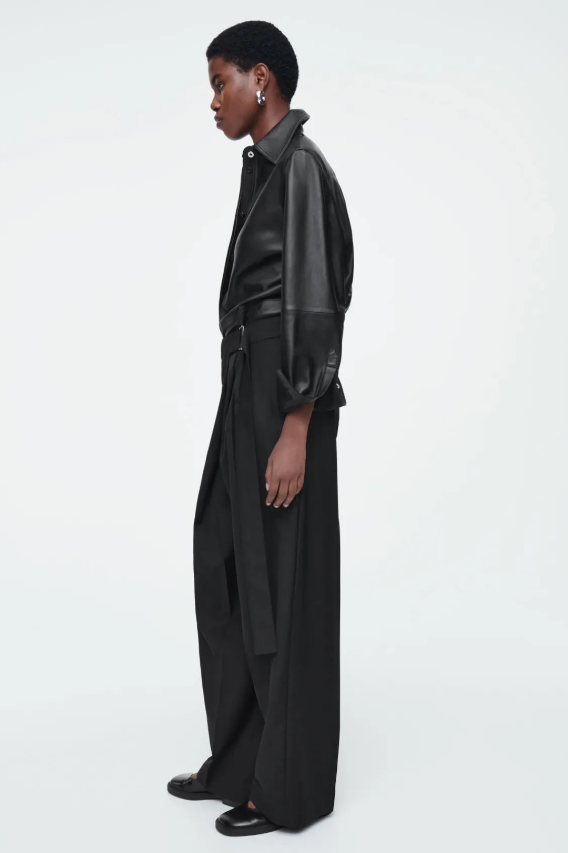 COS RELAXED BELTED WRAP-FRONT WOOL PANTS BLACK Flash Sale