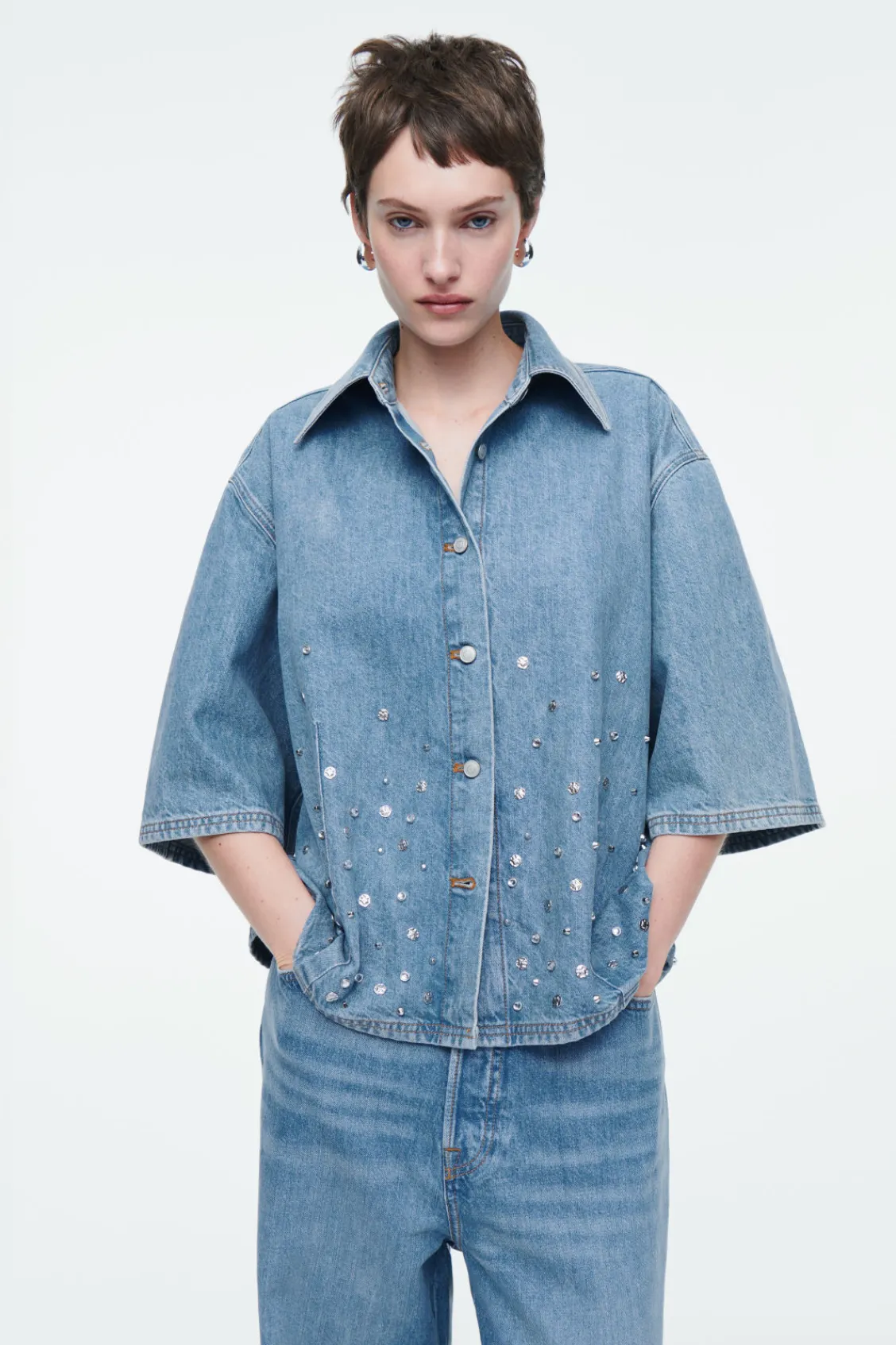 COS RELAXED EMBELLISHED DENIM SHIRT MID BLUE Flash Sale