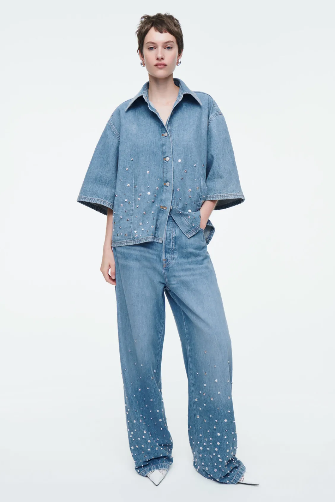 COS RELAXED EMBELLISHED DENIM SHIRT MID BLUE Flash Sale