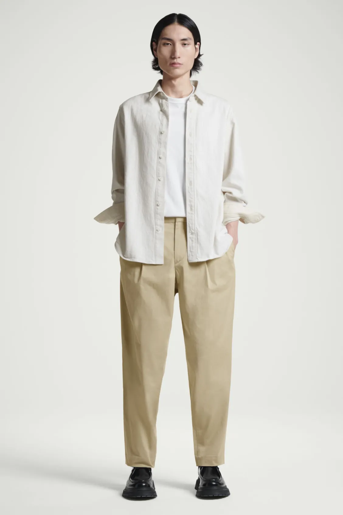 COS RELAXED PLEATED COTTON TAPERED PANTS BEIGE Fashion