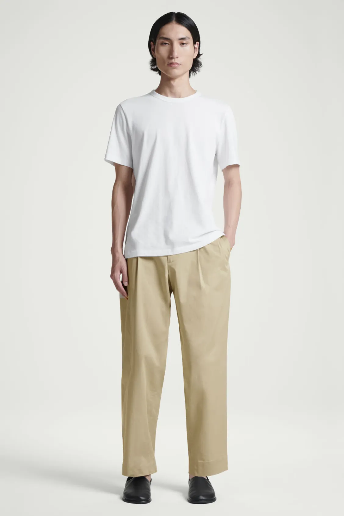 COS RELAXED PLEATED COTTON TAPERED PANTS BEIGE Fashion