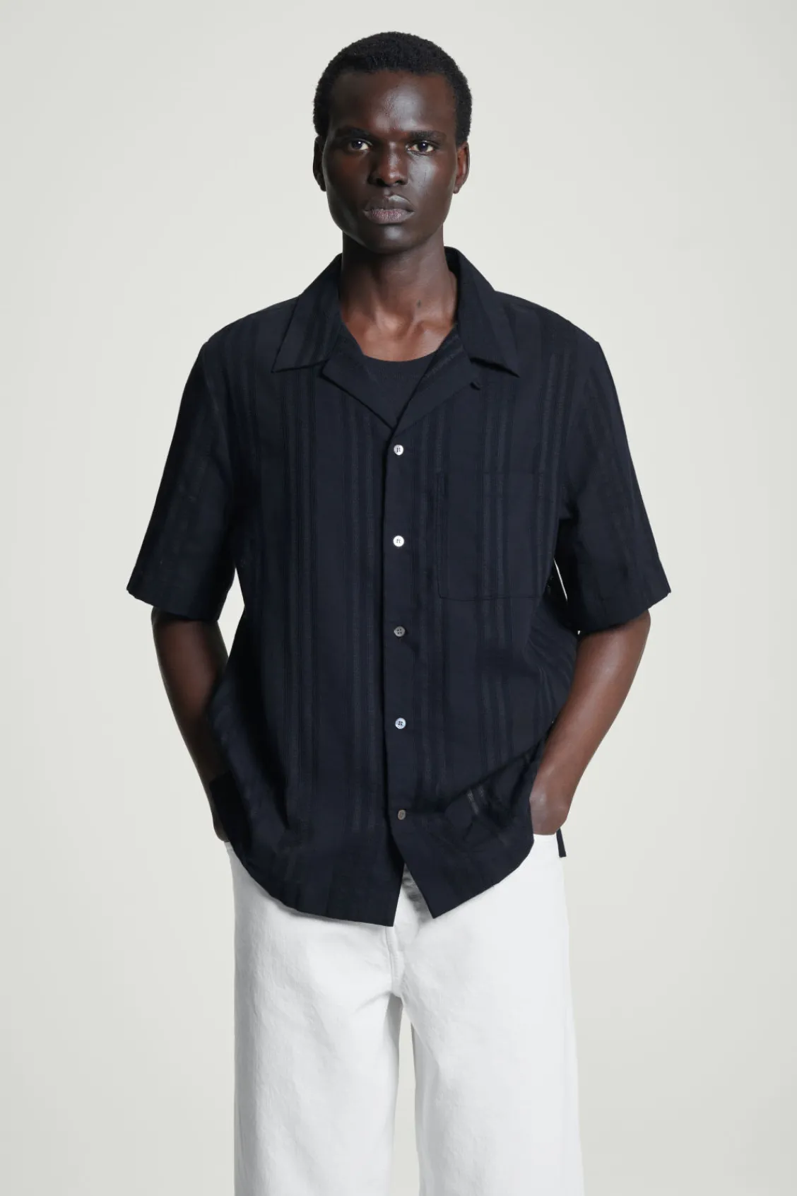 COS RELAXED STRIPE-JACQUARD COTTON SHORT-SLEEVED SHIRT NAVY BLUE Online