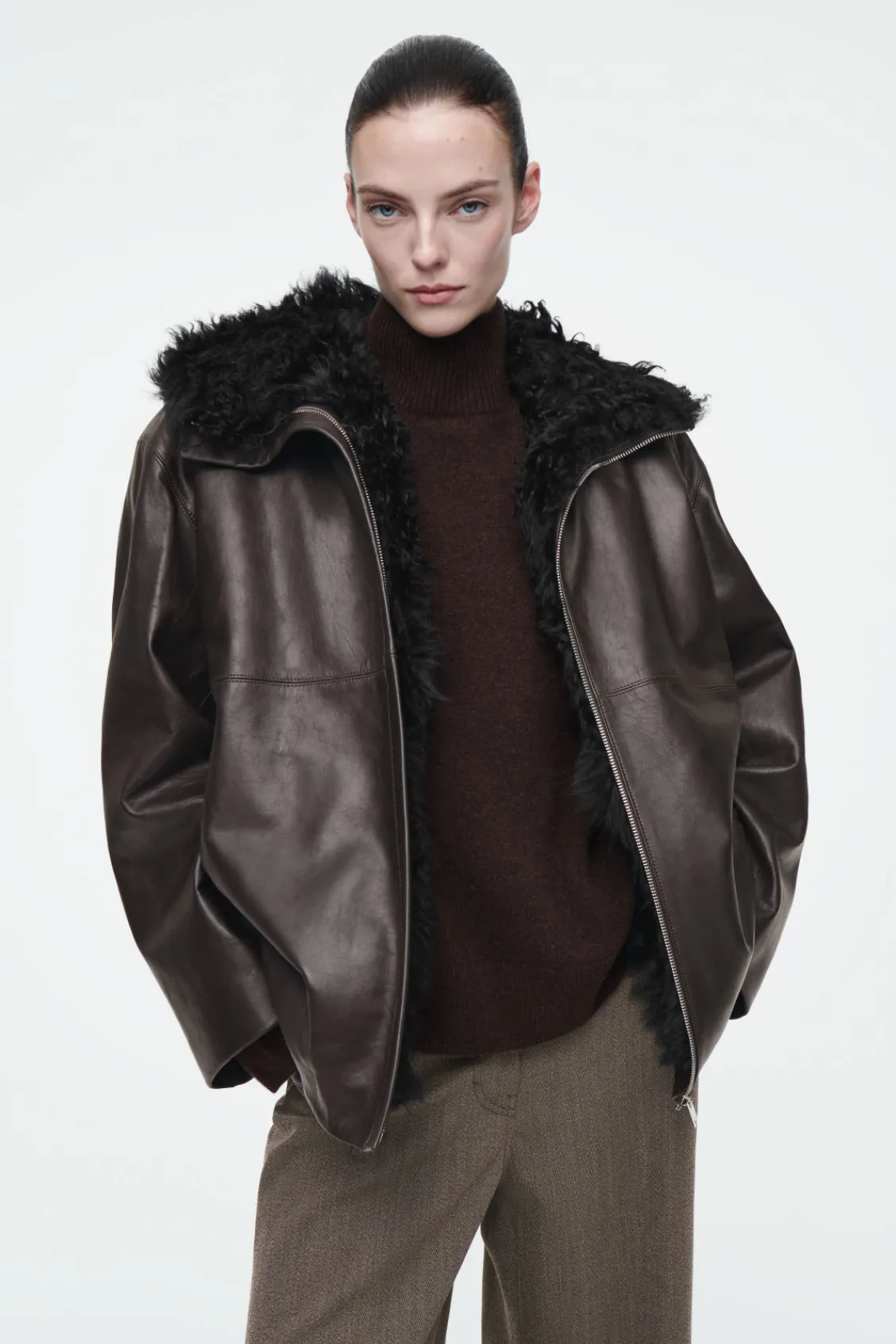 COS SHEARLING-LINED NAPPA HOODED JACKET DARK BROWN Hot