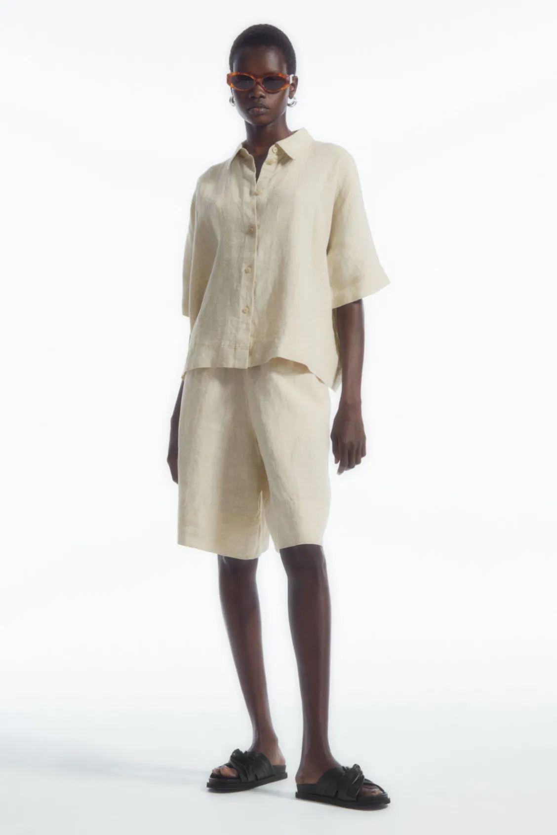 COS SHORT-SLEEVED LINEN SHIRT STONE Hot