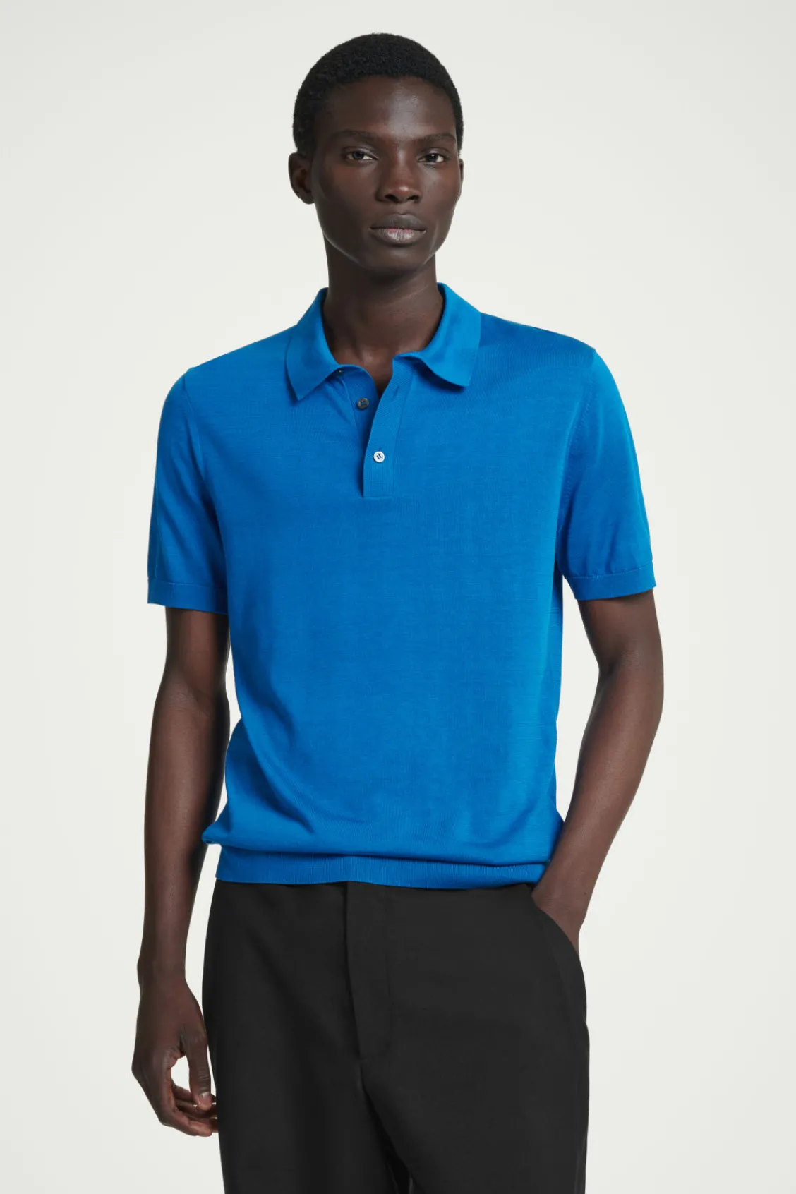 COS SLIM KNITTED SILK POLO SHIRT COBALT BLUE Sale